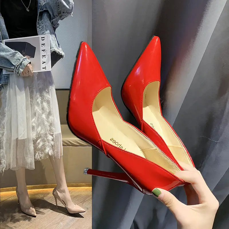 Hot Women super Shoes Pointed Toe Pumps Patent Leather Dresshigh Heels Boat Wedding Zapatos Mujer Red 10cm heel wedding shoesyt7