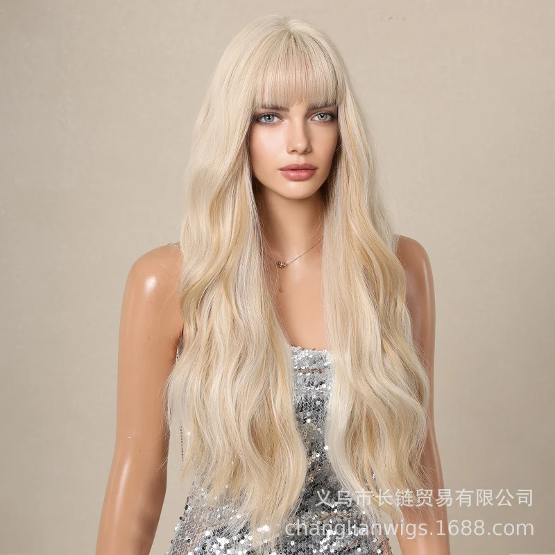

European and American style women's wig with platinum highlights, bangs, long curly hair, full headpiece, natural Lolita hairsty
