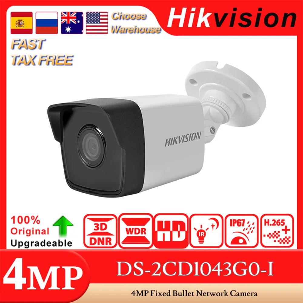 Hikvision Original DS-2CD1043G0-I 4MP EXIR2.0 30M IR Fixed POE Bullet Network Surveillance Camera H.265+ IP67 120 dB WDR