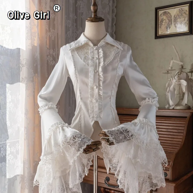 

Olive Girl Lolita Shirt Women Harajuku Sweet Gothic Lace Long Sleeve Lapel Neck Tops Mujer Y2k Lace Up Slim Waist White Blouses