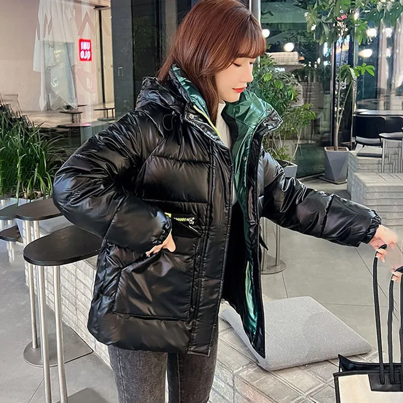 New Women, No-wash Glossy Down Cotton Jacket Korean Long Padded Cotton Coat, Thicke Warm Winter Female Hooded Parker Overcoat