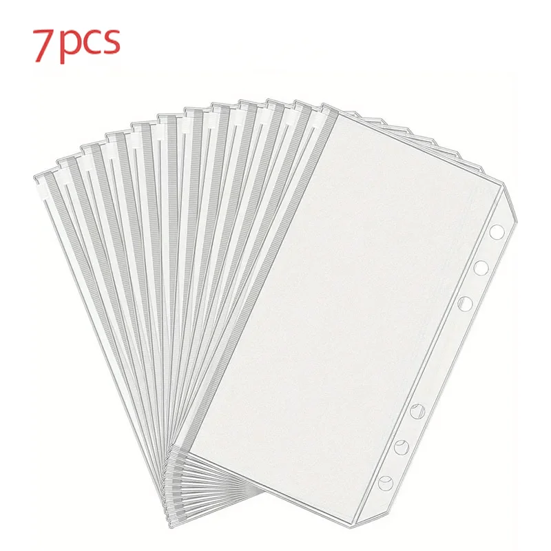 Transparent PVC A6 6-Hole Zipper Pouch, Cash Envelope, for Budget Binder Planner Notebook Expansion (7-Pack)