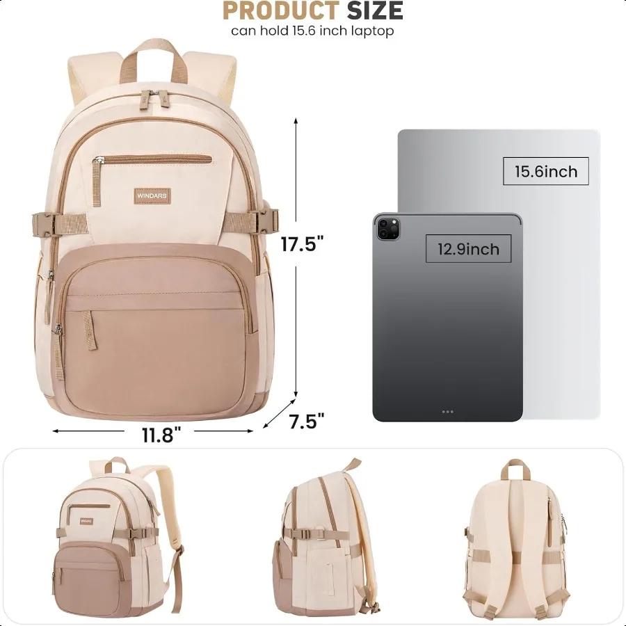 Grote rugzak 15,6 inch voor schoolmeisjes tieners dames student kaki beige