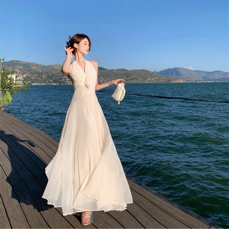 Abito Lungo da Cerimonia in Pizzo Floreale Bianco, Stile Dr. Vaion, Vita Alta, in Fibra di Poliestere, Ciwalk