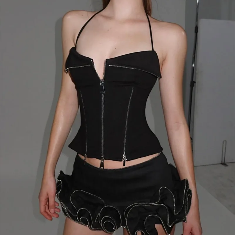 Zippers Decoration Lace Up Halter Backless Tanks Top Women Sexy Lapel V-neck Grommet Lace Up Slim Camis Clubwear Vest Streetwear