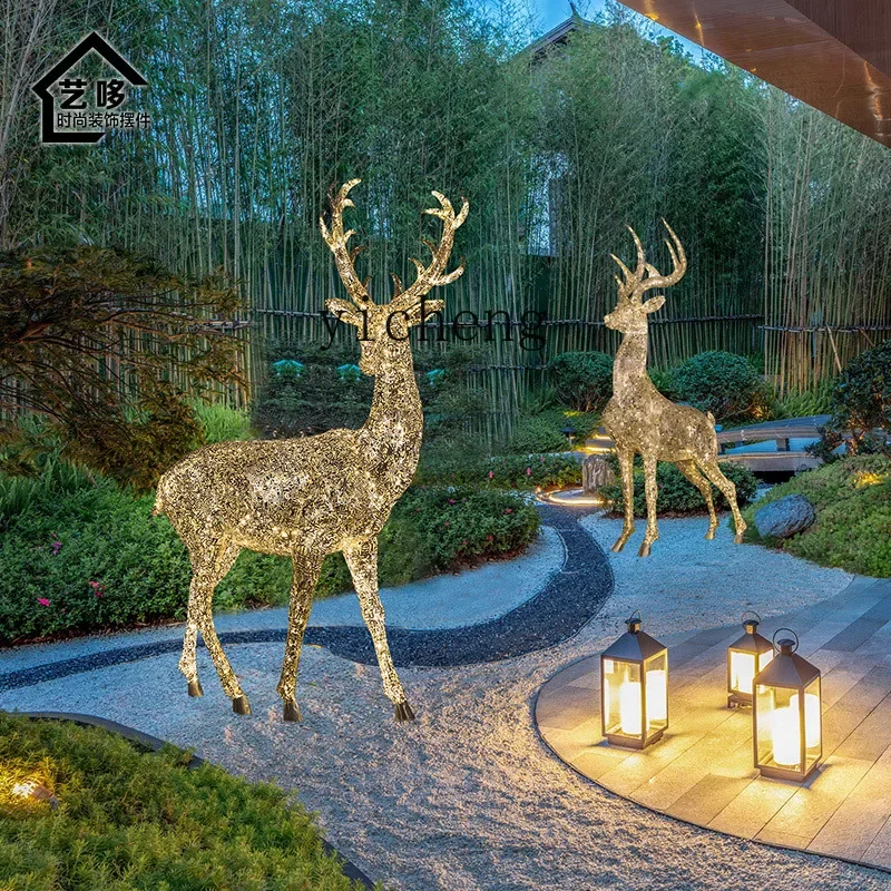 BJ-12 outdoor stainless steel hollow luminous elk sculpture art installation hotel garden landscape ornament