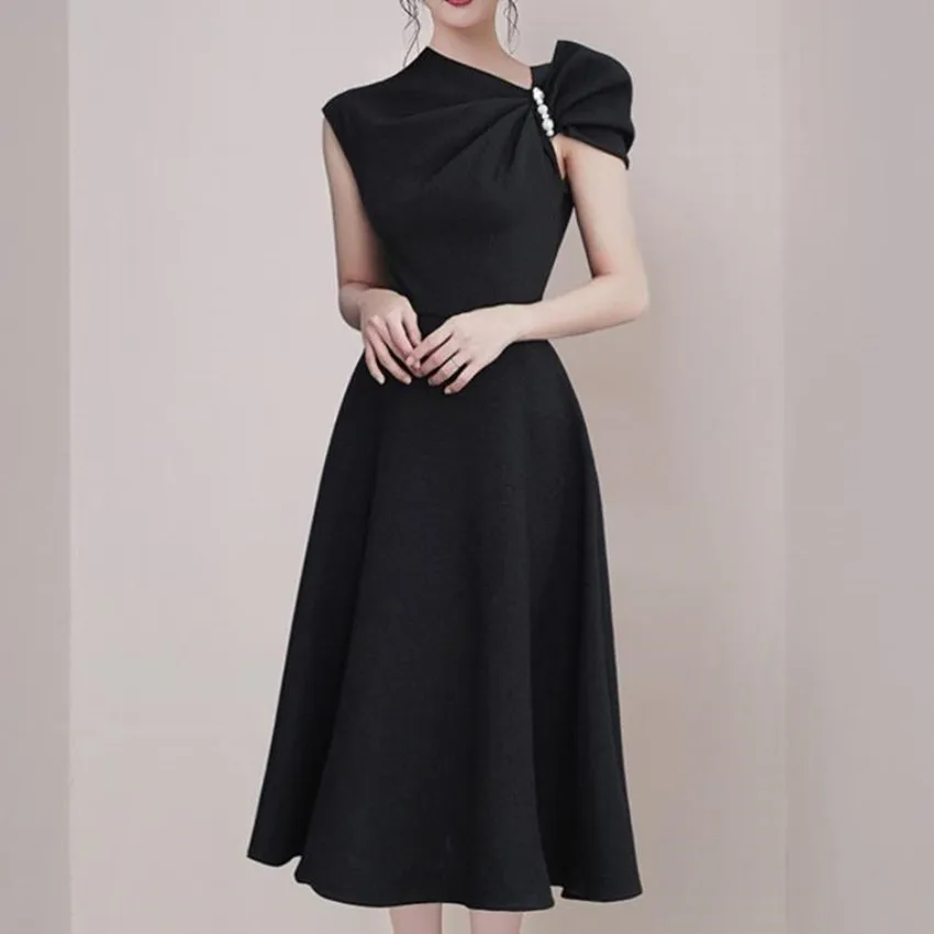 JSXDHK Brand Ladies Vintage Party Midi Party Dress High Quality Designer New Summer Bow Beaded Sleeveless Ball Gown Black Dress