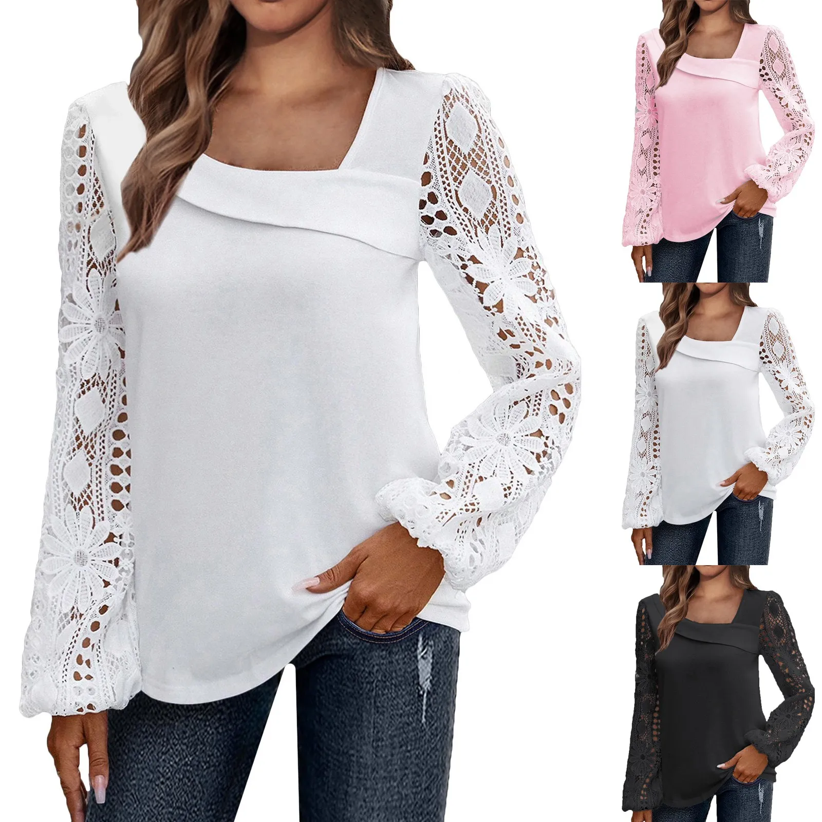 Women's Tops Trendy Fashion Casual Loose Lace Splice Long Sleeve T-Shirt Summer Tops Printing Shirts