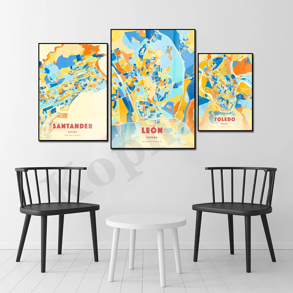 Spain City Color Map Wall Art Poster - Cádiz a Coruña Toledo Santander Barcelona Home Decor