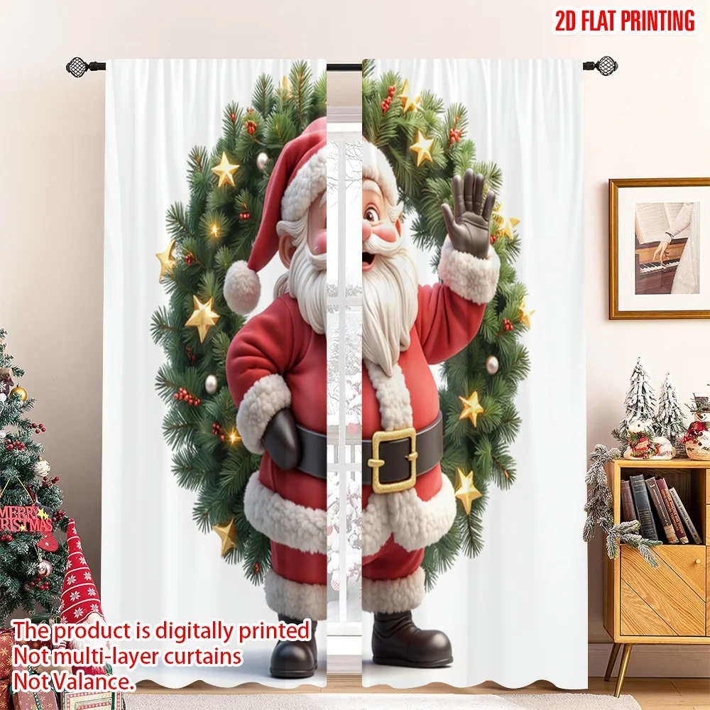 

2pcs 2D flat printing Christmas Window Drapes Santa Claus Christmas Wreath 100% Polyester Without Electricity Party & Holiday