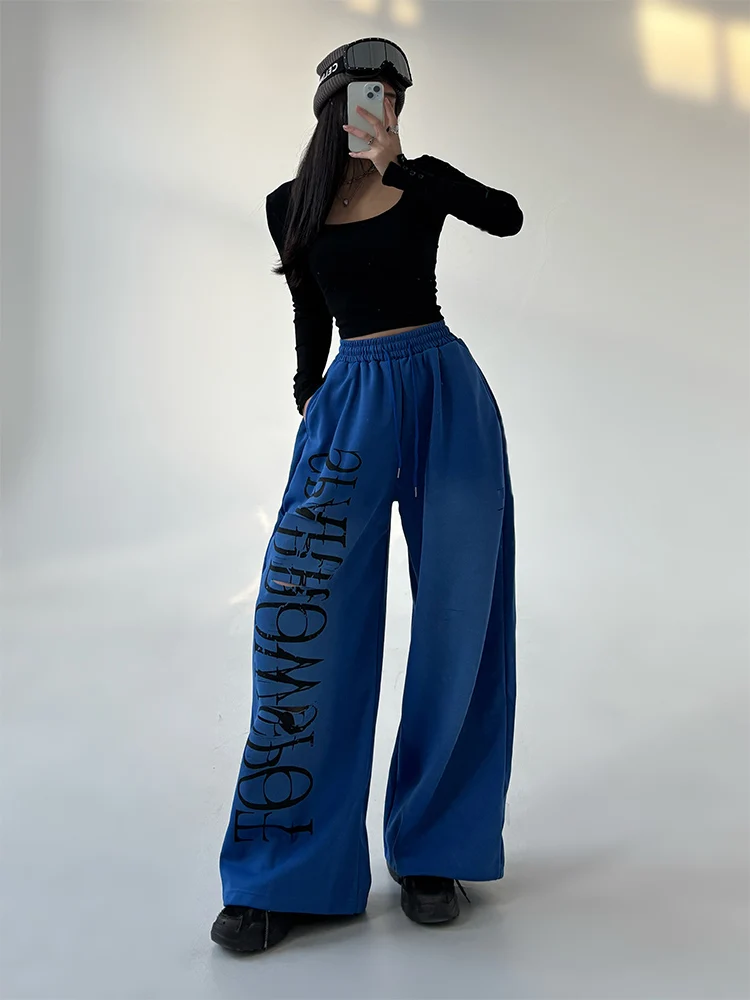 

Свободные широкие спортивные брюки для женщин, утепленные синие джазовые брюки с высокой талией из смесового полиэстера и хлопка, зимние повседневные брюки