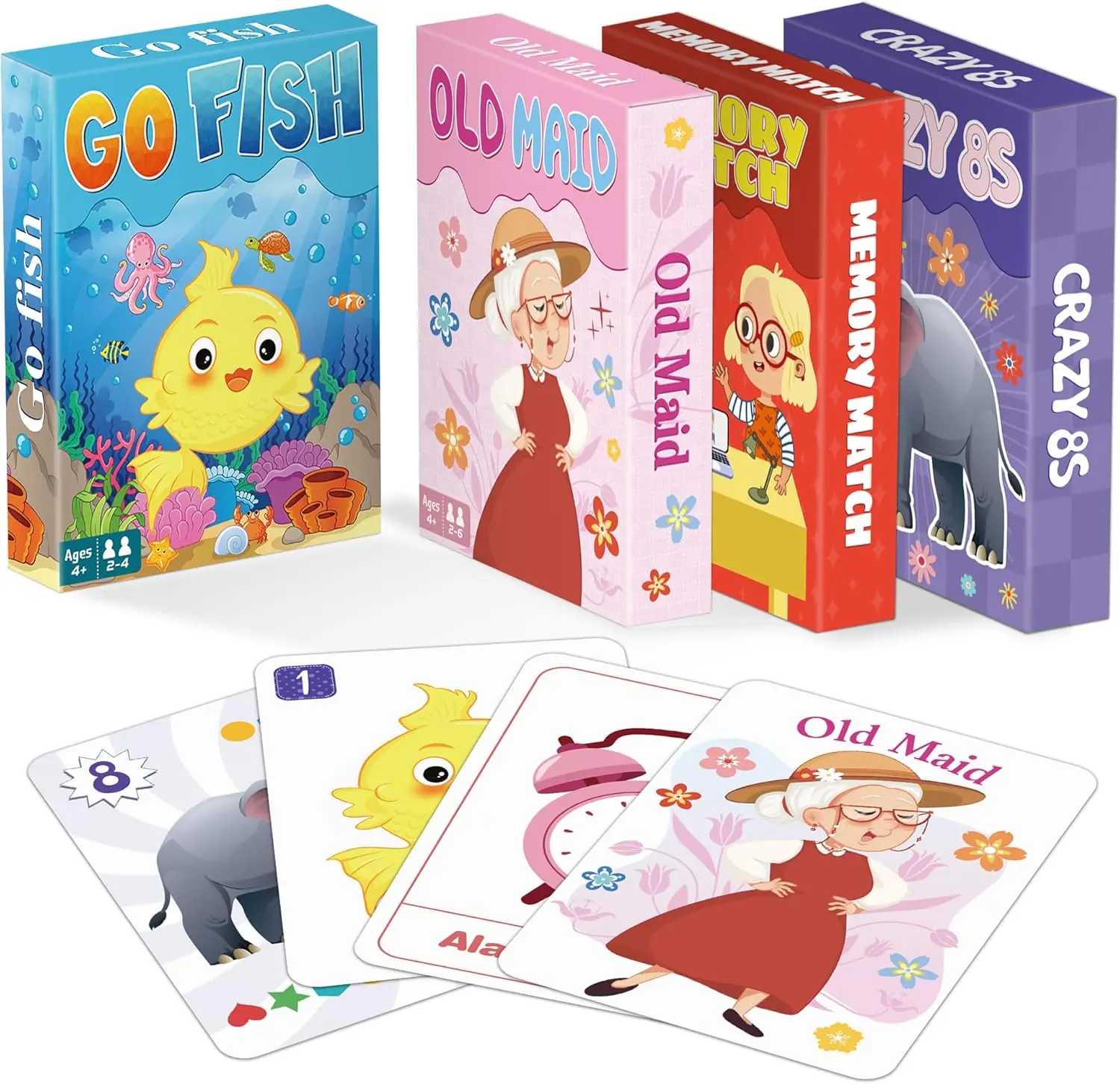 

[Kids Card Games]Go Fish, Old Maid, Memory Match and Crazy 8s for Kids 4-8, Fun Toddler Card Games for Family Game Party Games