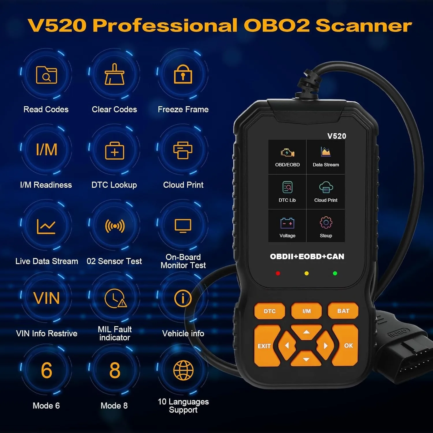 OBD2 V520 diagnostic scanner, real-time data tool, automatic inspection, engine fault code reading, car battery tester, 9V to 16