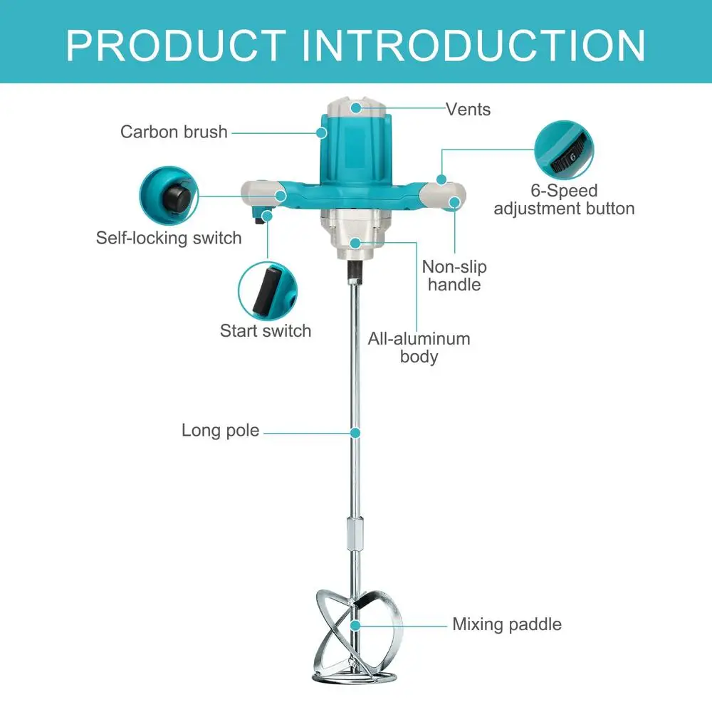 2600W Electric Handheld Cement Mixer 6 Speed 110V Motar Paint Grout Plaster Powerful Copper Motor Detachable Design 6-Speed