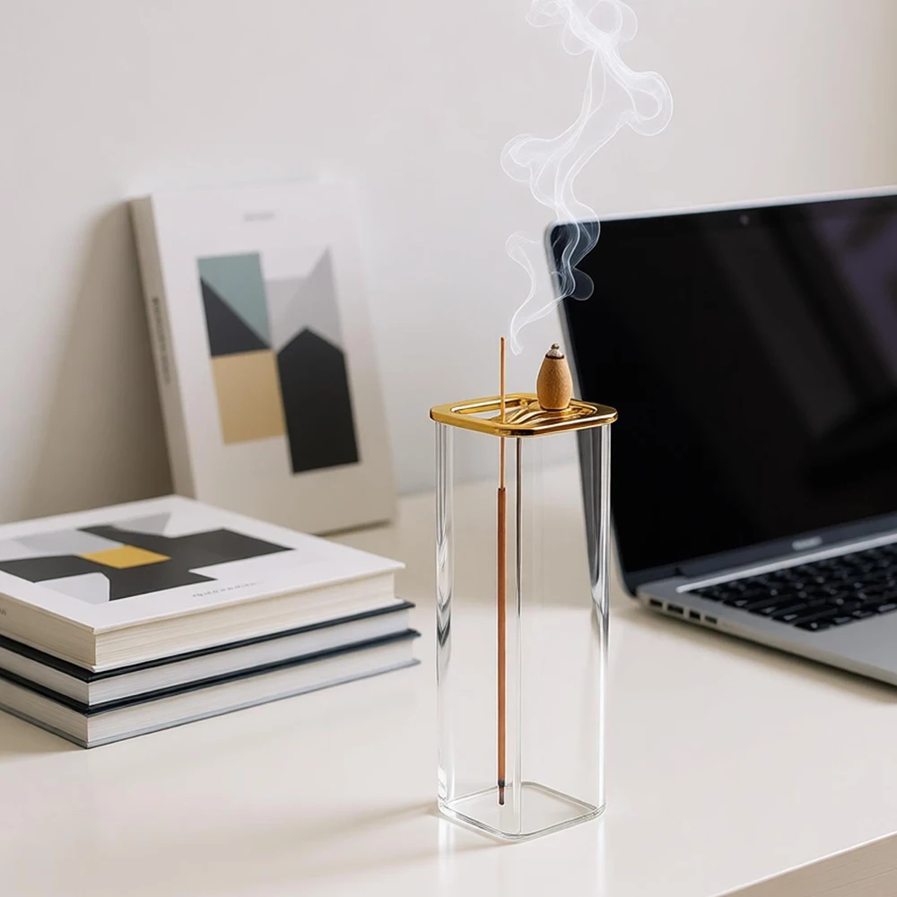 Metal Glass Dual Incense Burner for Stick & Cone Backflow, Office Yoga Meditation Aroma Holder with Ash Catcher - view 4