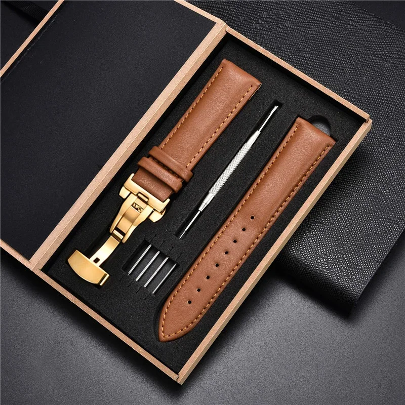 Echtes Lederarmband 18 mm 20 22 24 mm Uhrenarmband Automatische Schmetterlingsschnalle Herren- und Damen-Business-Armbanduhr mit Box-Handgelenkgürtel