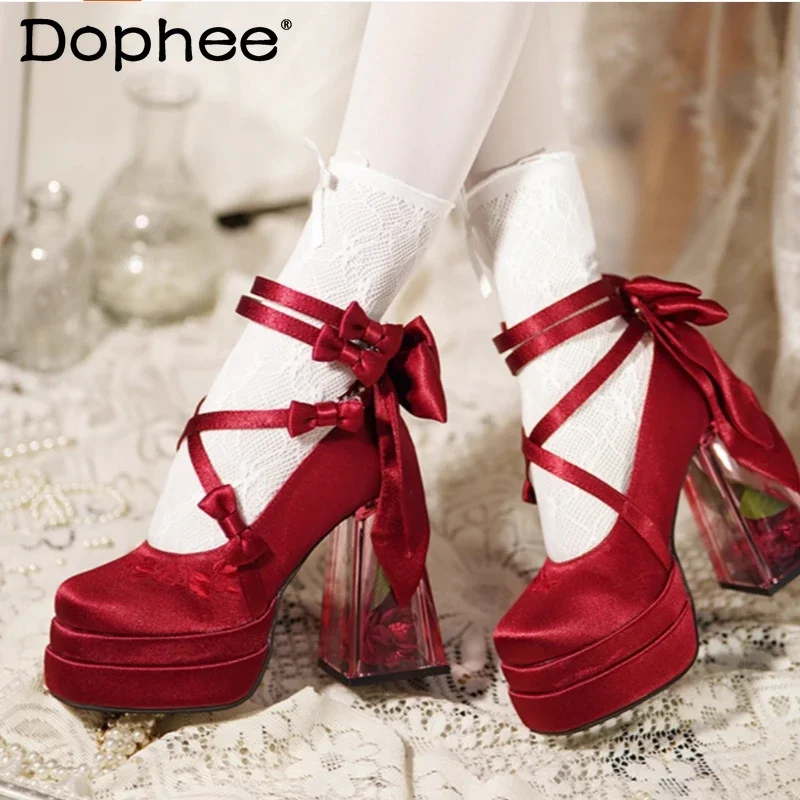

2025 Spring Red Lolita High Heels Women's Sweet Elegant Bow Velvet Mary Jane Shoes Female Birthday Party Cos Platform Shoes