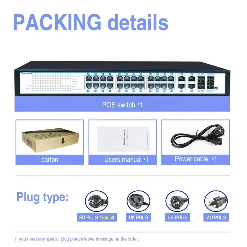 Network 24 port poe switch 48v gigabit switch 4sfp port