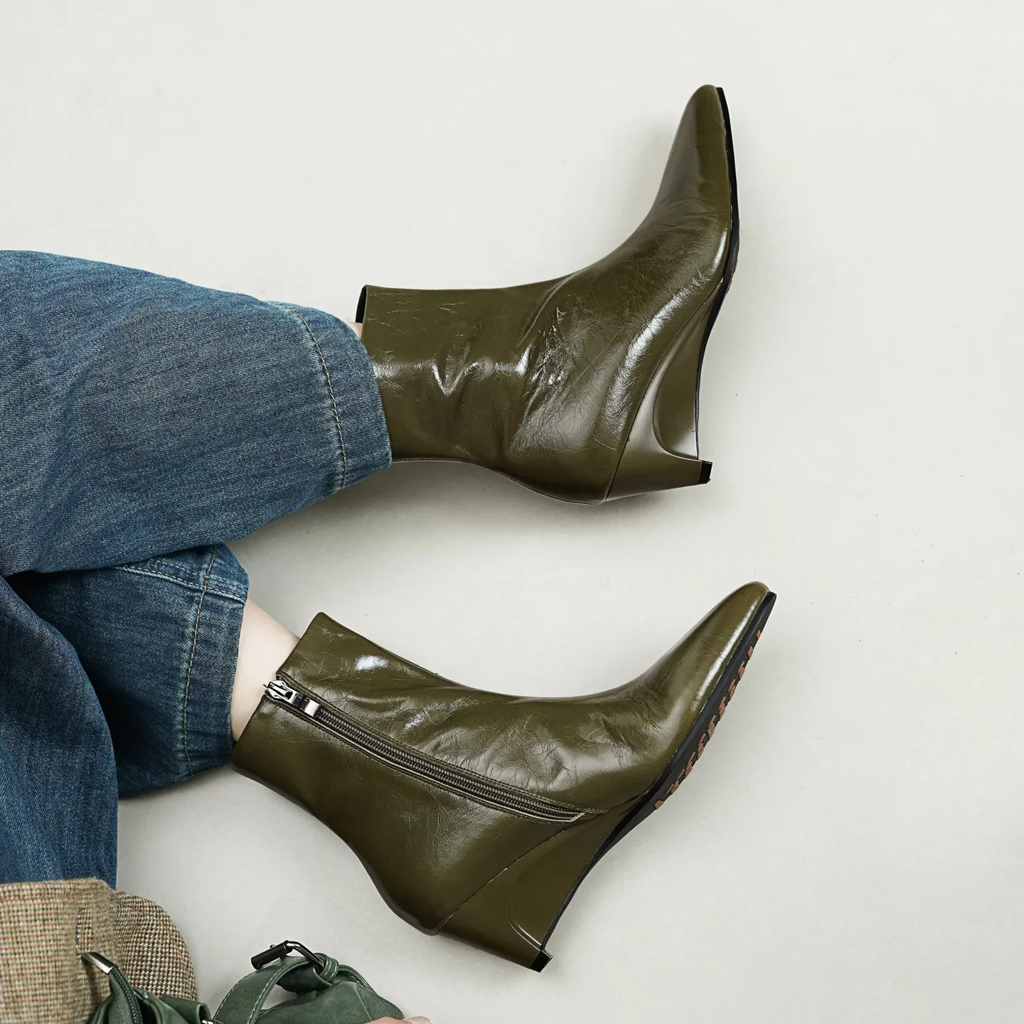 Genuine Leather Cowhide Ankle Boots,Wedges Heels Zipper Green Women Boots,Handmade Womens Shoes