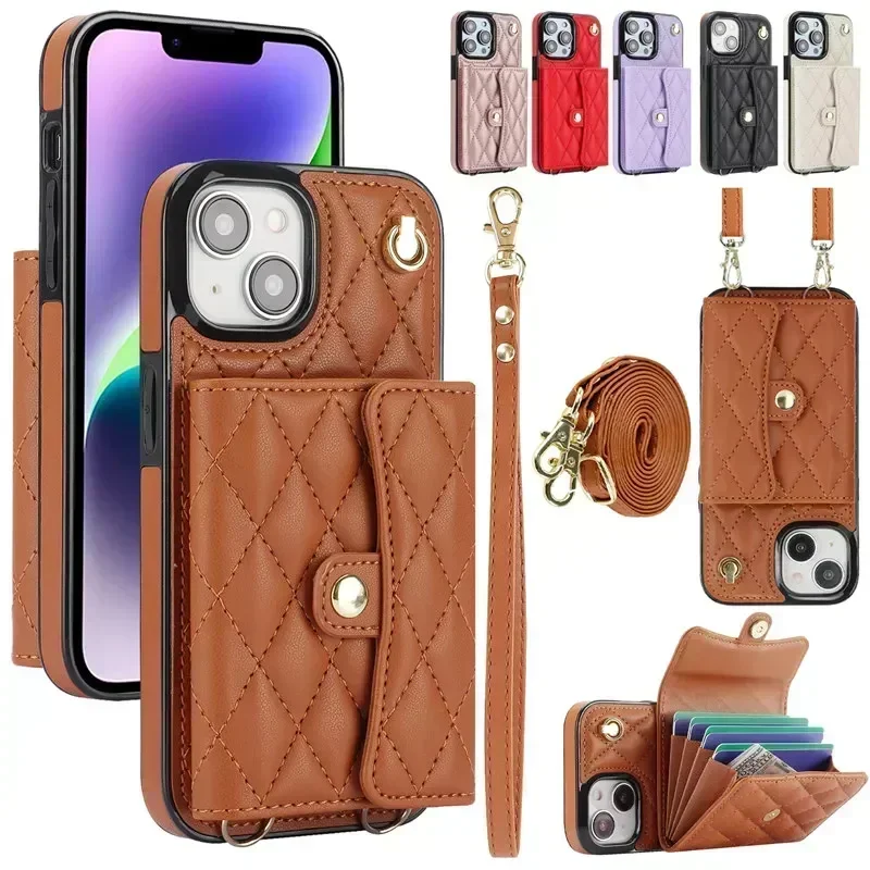 Long Lanyard Wallet Card Holder Phone Case For iPhone 15 Plus 14 Pro Max 13 12 11 X XS XR SE 2022 8 7 Flip Leather Cover Coque