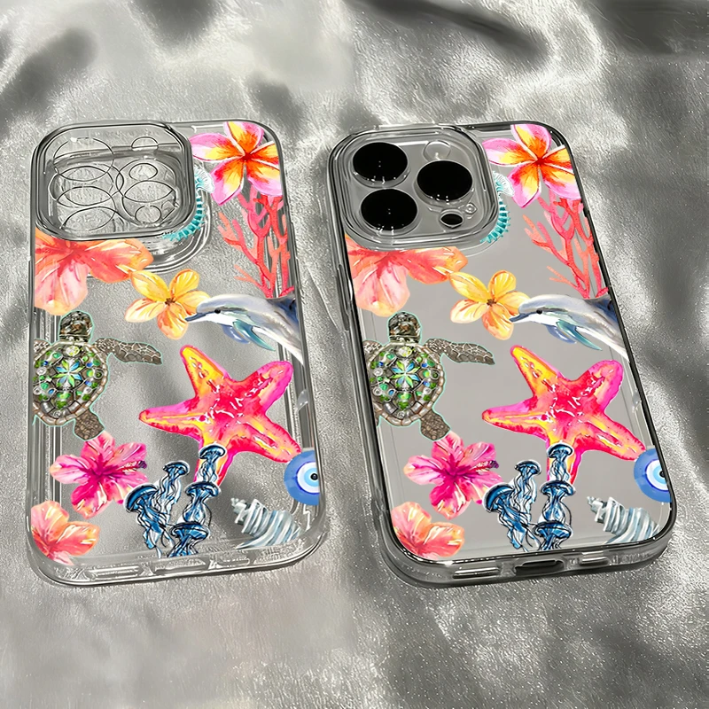 Starfish Sea Turtle Jellyfish Hibiscus Coral Dolphin Patterns Phone Case For iPhone 17 16 15 14 13 12 11 Pro Max Plus Air Cover