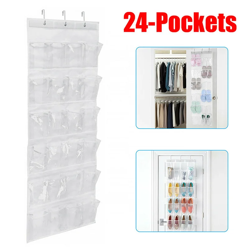 24 Grids Wall-mounted Sundries Shoe Organiser Fabric Closet Bag Storage Rack Mesh Pocket Clear Hanging Over The Door Cloth Bag