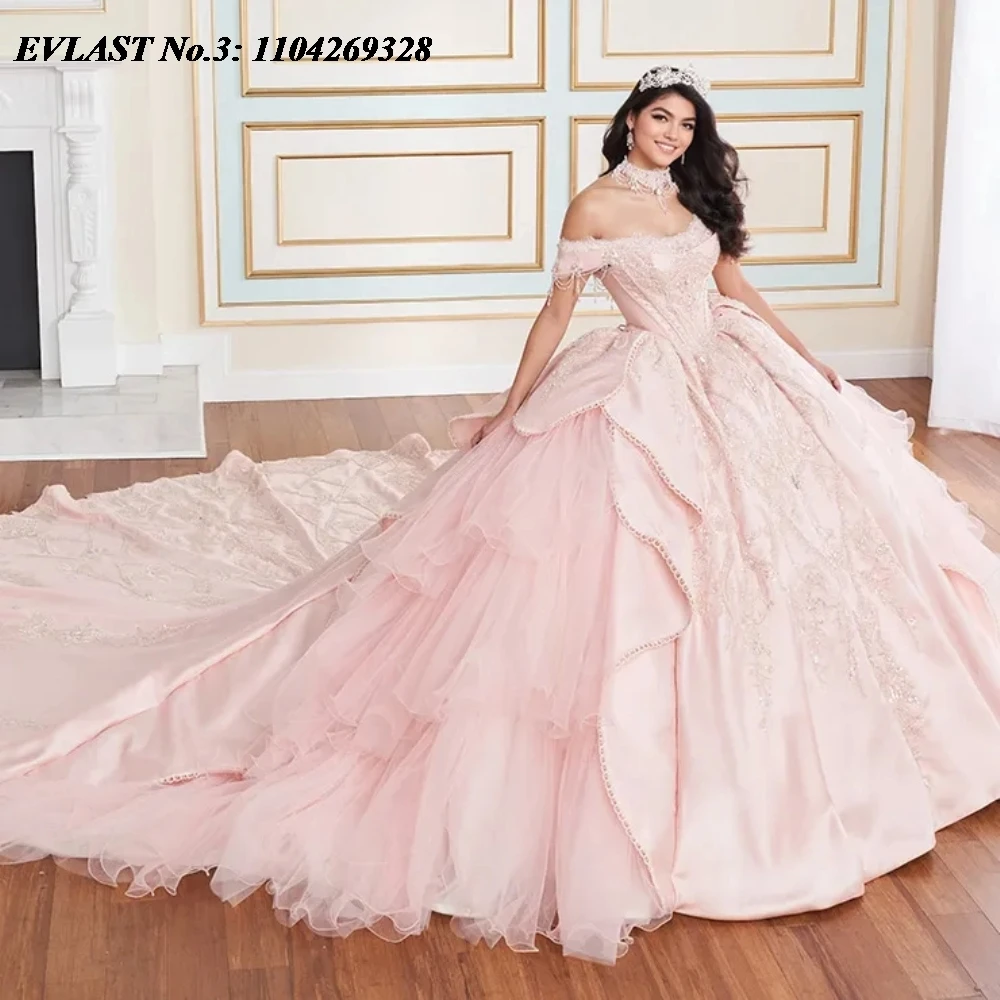 EVLAST Maßgeschneidertes rosa Quinceanera-Kleid 2025, Ballkleid, Spitze, Perlenapplikation, Kristallkorsett, Sweet 16, Vestidos De 15 Anos E3Q107