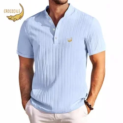 Nueva camisa Henry a rayas de algodón y lino bordada de alta gama para hombre, camiseta informal de verano a la moda, cómoda y transpirable