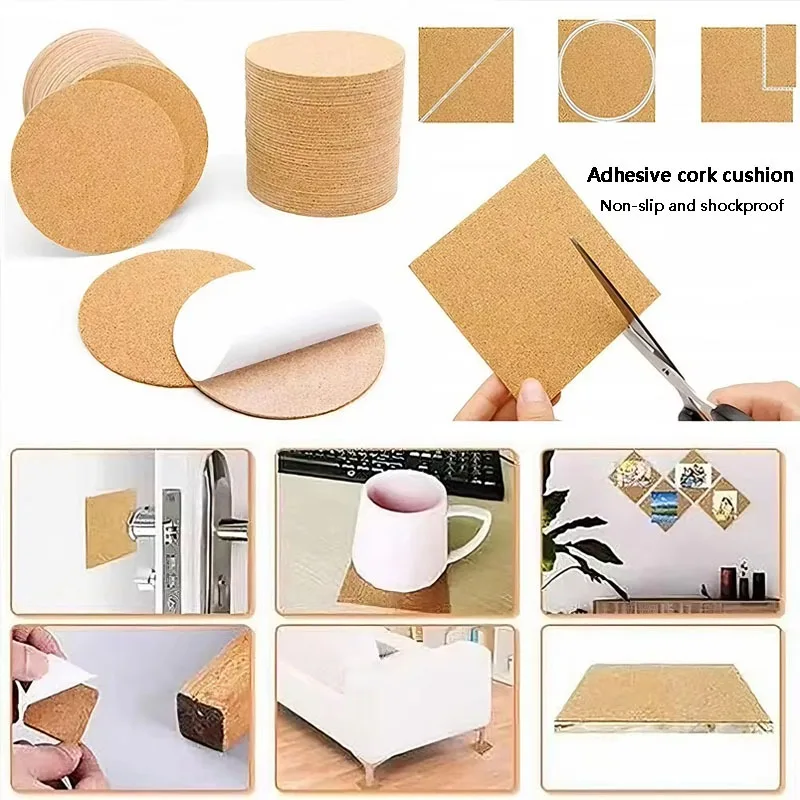 Round and Square Self-Adhesive Cork Pads, Non-Slip and Shockproof, Great for Furniture Feet, Electronics, and Home Decor.