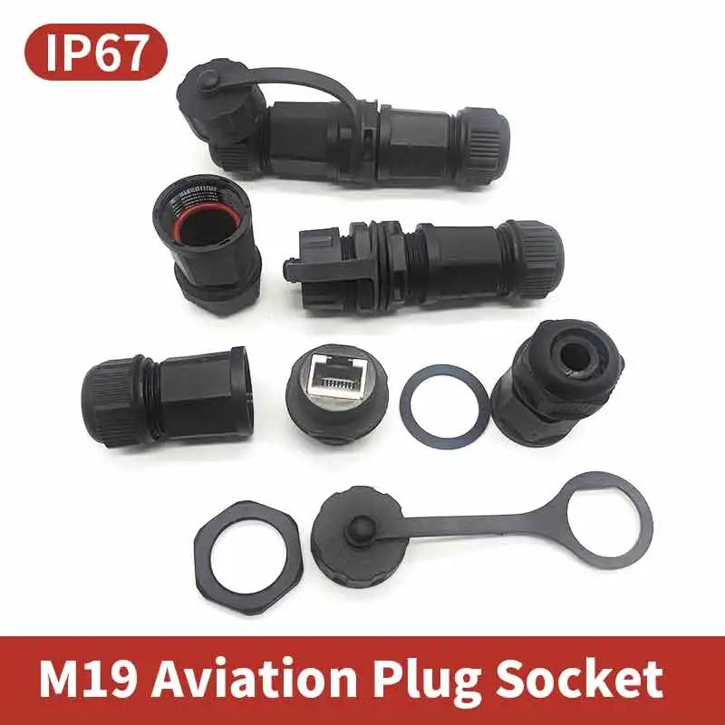 Waterproof M19 RJ45 Aviation Plug Socket IP67 8P8C Network Connector RJ45 Female Flange Panel Socket Ethernet Adapter
