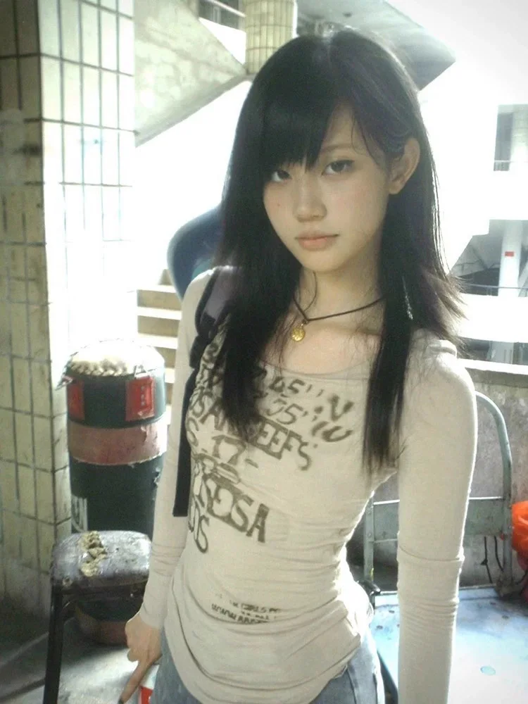 Japanese Y2k Letter Print T-shirt Trashy 2000s Style Long Sleeve Ribbed Tops Vintage Harajuku Streetwear American Retro