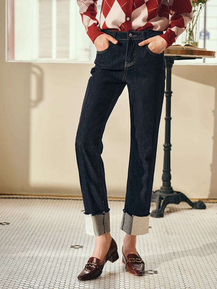 

OLrain Dark Blue Jeans Women Autumn Trouser 2025 Fashion Patchwork Cuffed Hem Ankle Length Denim Pants Ladies Clothes O23QA80110
