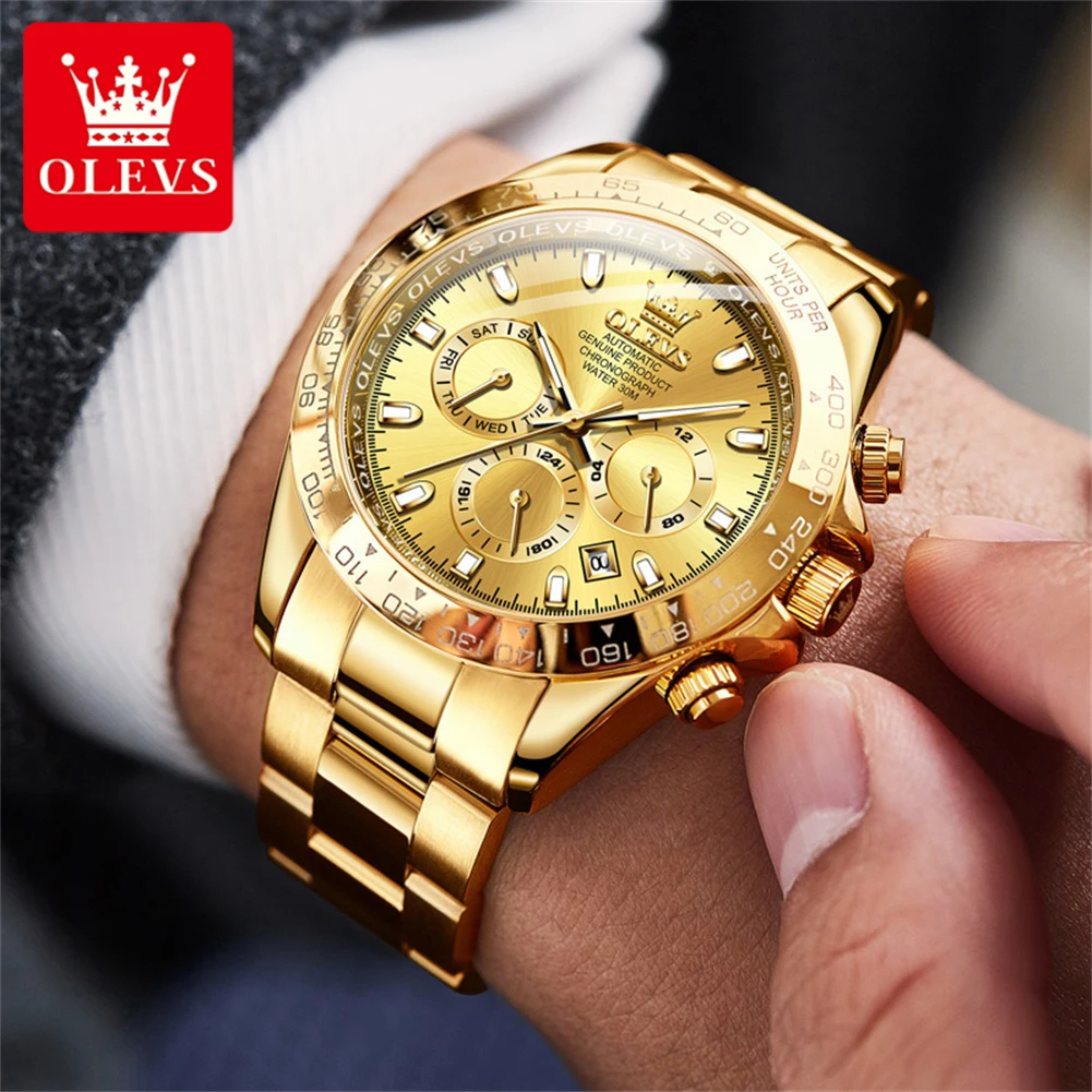 OLEVS 6638 Luxury Gold Stainless Steel Men Mechanical Watches Green-Water-Ghost Automatic Movement Waterproof Luminous Watch Man