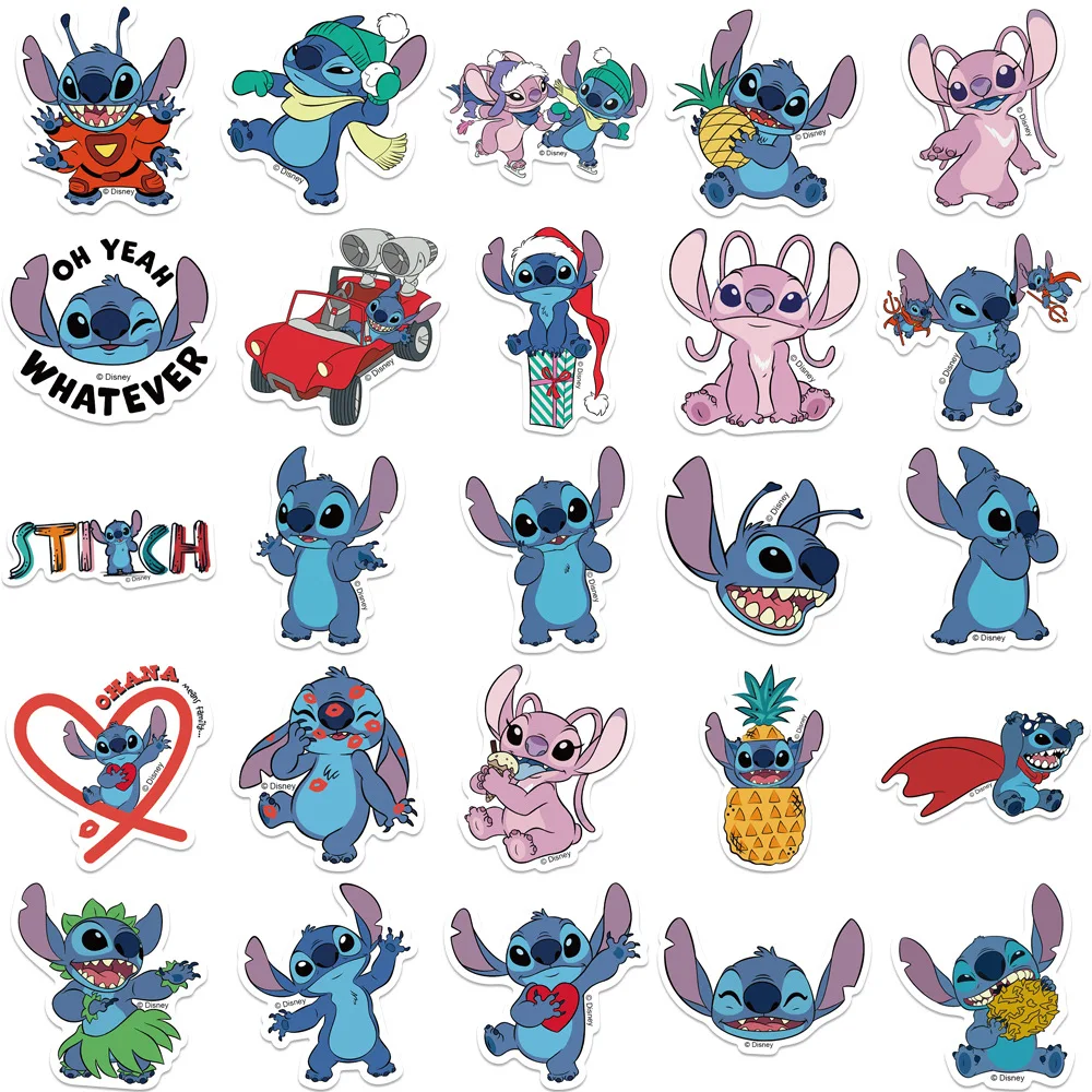 Disney Stitch Anime Adesivos, Desenhos animados kawaii, Pacote de adesivos de filme, Brinquedo infantil, Decalque, Skate, Laptop, Motocicleta, Guitarra, Bonito, 50Pcs