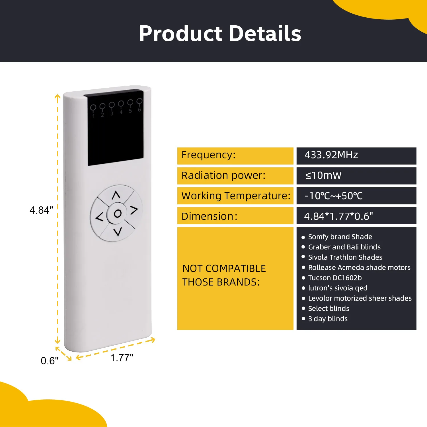 AC114-01B,AC114-06B Blinds Transmitter AC114-06 RF 433.92 Wireless Control for Motorized Roller Shades and Blinds