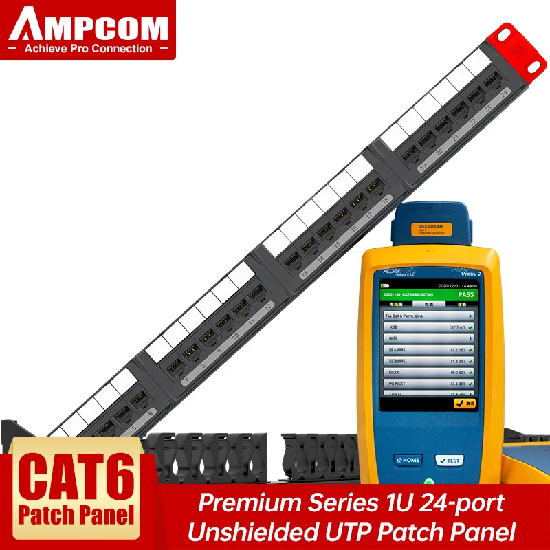 Panel Keystone Patch Panel serii AMPCOM Premium CAT5e/6, 24/48 portów, do montażu w szafie rack - 1/2U, 19 cali, 568A/B, 50u Gold Pla
