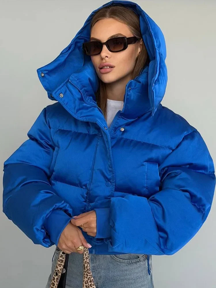Detachable Hood Stand Collar Zip Button Drawstring Hem Cropped Puffer Jacket Women Winter Streetwear Short Coat
