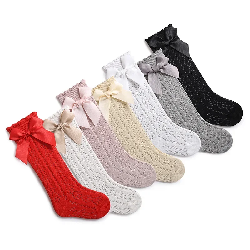 Baby Knee High Socks Kids Girls Boys Bow Long Sock Soft Cotton Mesh Breathable Children Hollow Out Socken for 0-3 Years Old