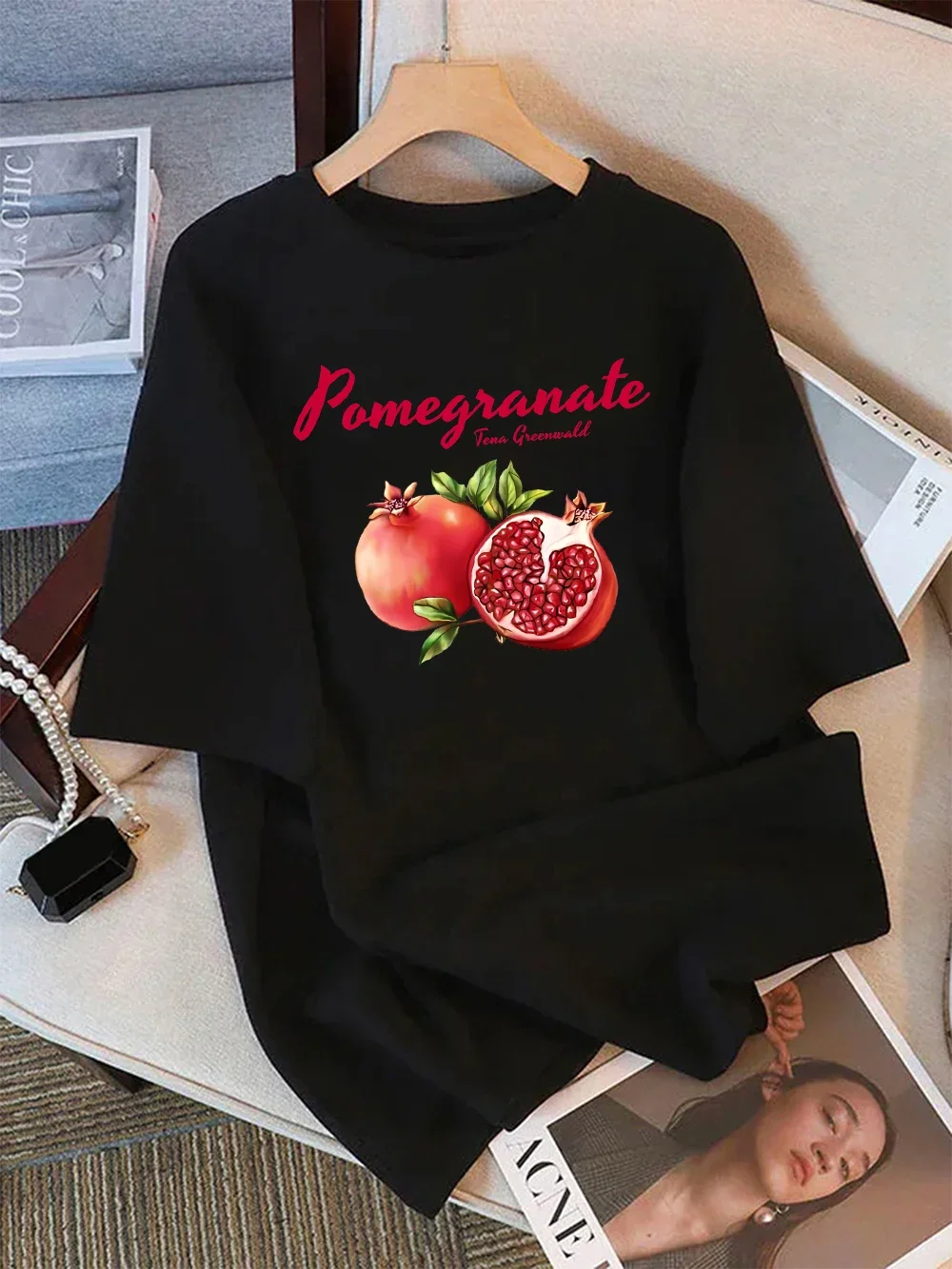 Summer T-Shirts Women Fresh Pomegranate Fruits Print Tops Loose O-Neck Soft Comfortable Short Sleeve Tees Basic Clothes