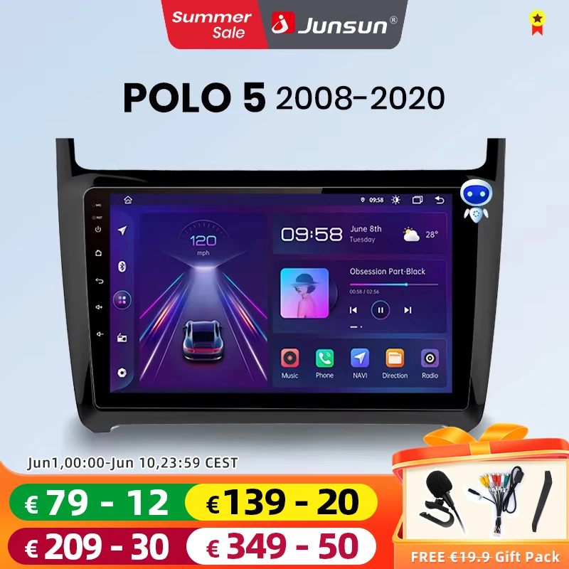 Junsun Wireless CarPlay Android Auto Car Radio for VW POLO 5 sedan 2008- 2020 2DIN Multimedia Stereo with Built-in Cooling Fan GPS Navigation SWC Bluetooth FM RDS DSP IPS Screen Car Intelligent