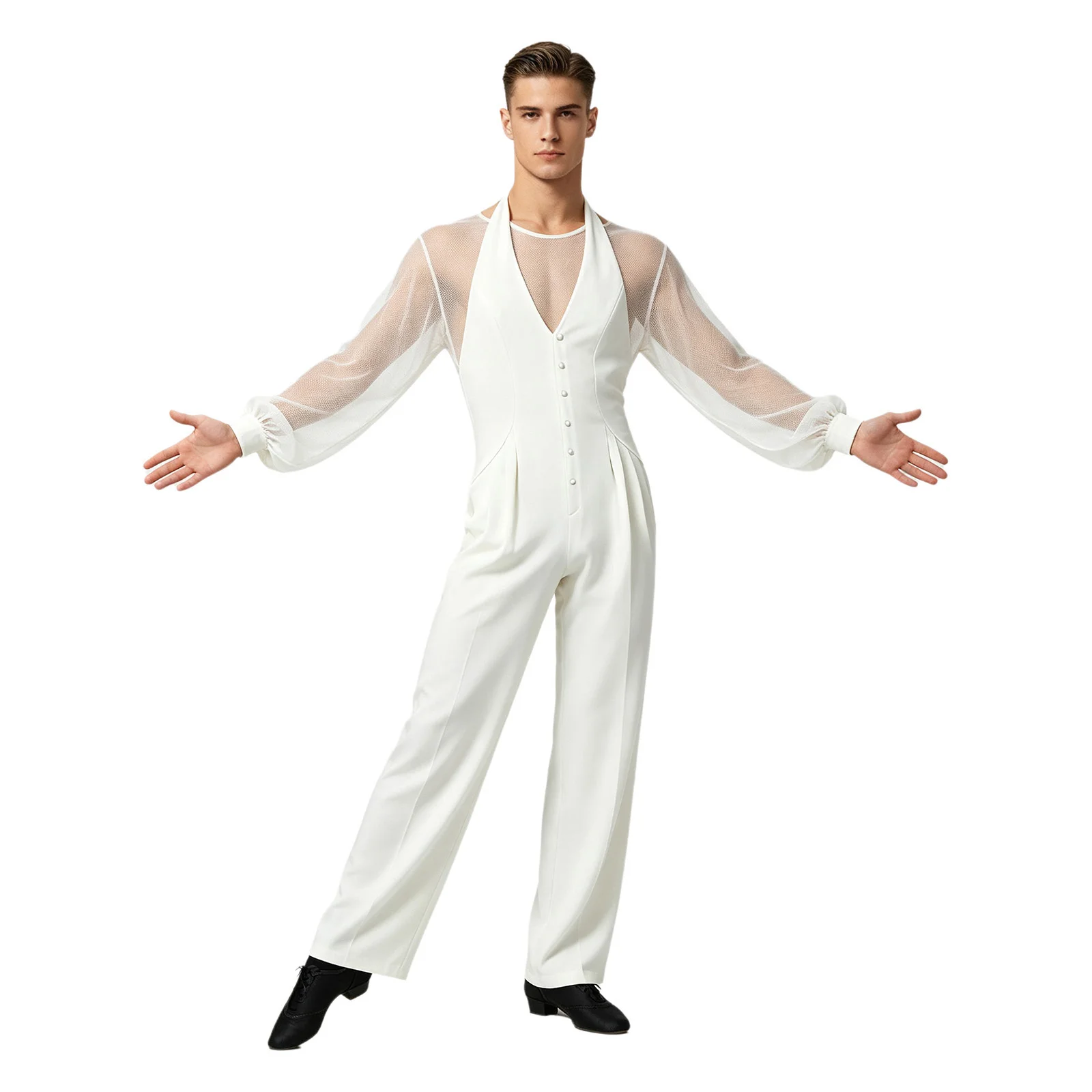 Men Latin Dance Jumpsuit Deep V-neck Sleeveless Backless Back Invisible Zipper Side Waist Pleats Bodysuit for Stage Performance