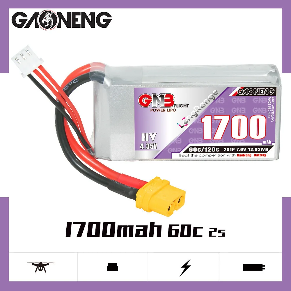 GNB 2S 1700mAh 7.6V 60C/120C Rechargeable Lipo Battery With XT60 Plug Softcase For RC Car Truck Buggy FPV Drones RC Plane Parts