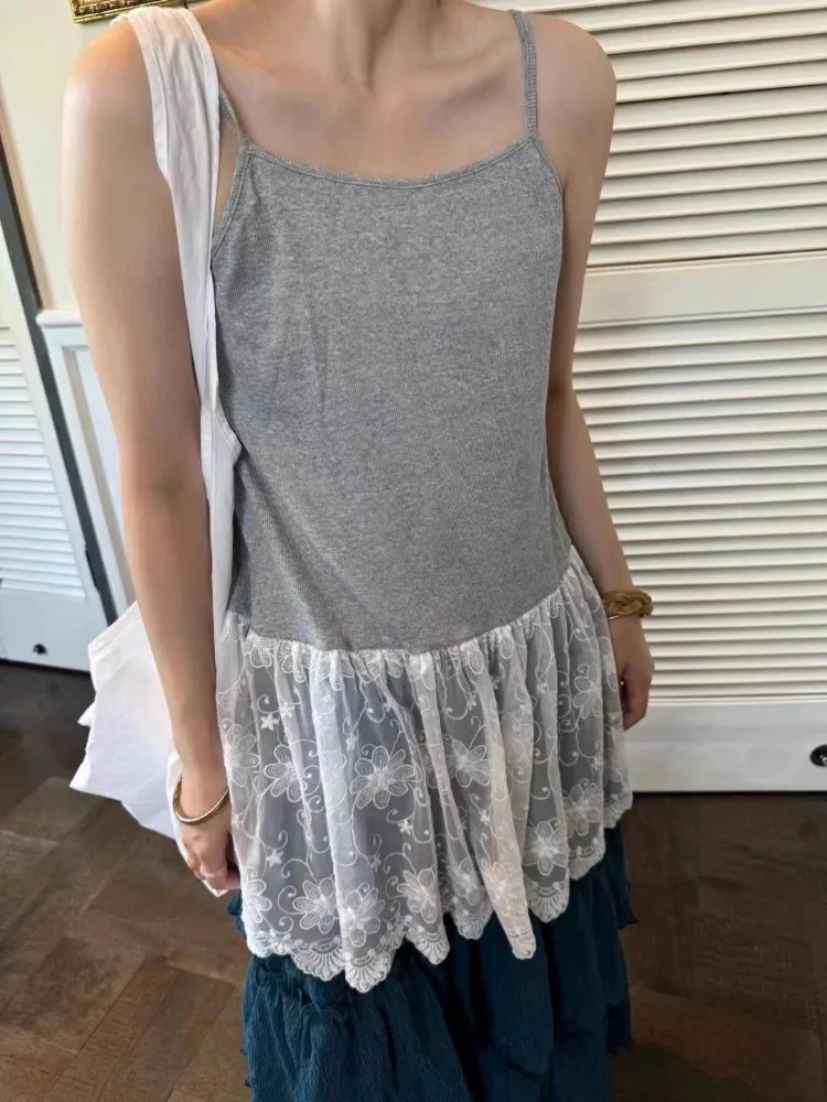 Moda coreana dulce encaje Patchwork Top 2025 novedad de verano camisola chaleco para Mujer Y2k Sexy Slim Fit negro Tops Mujer