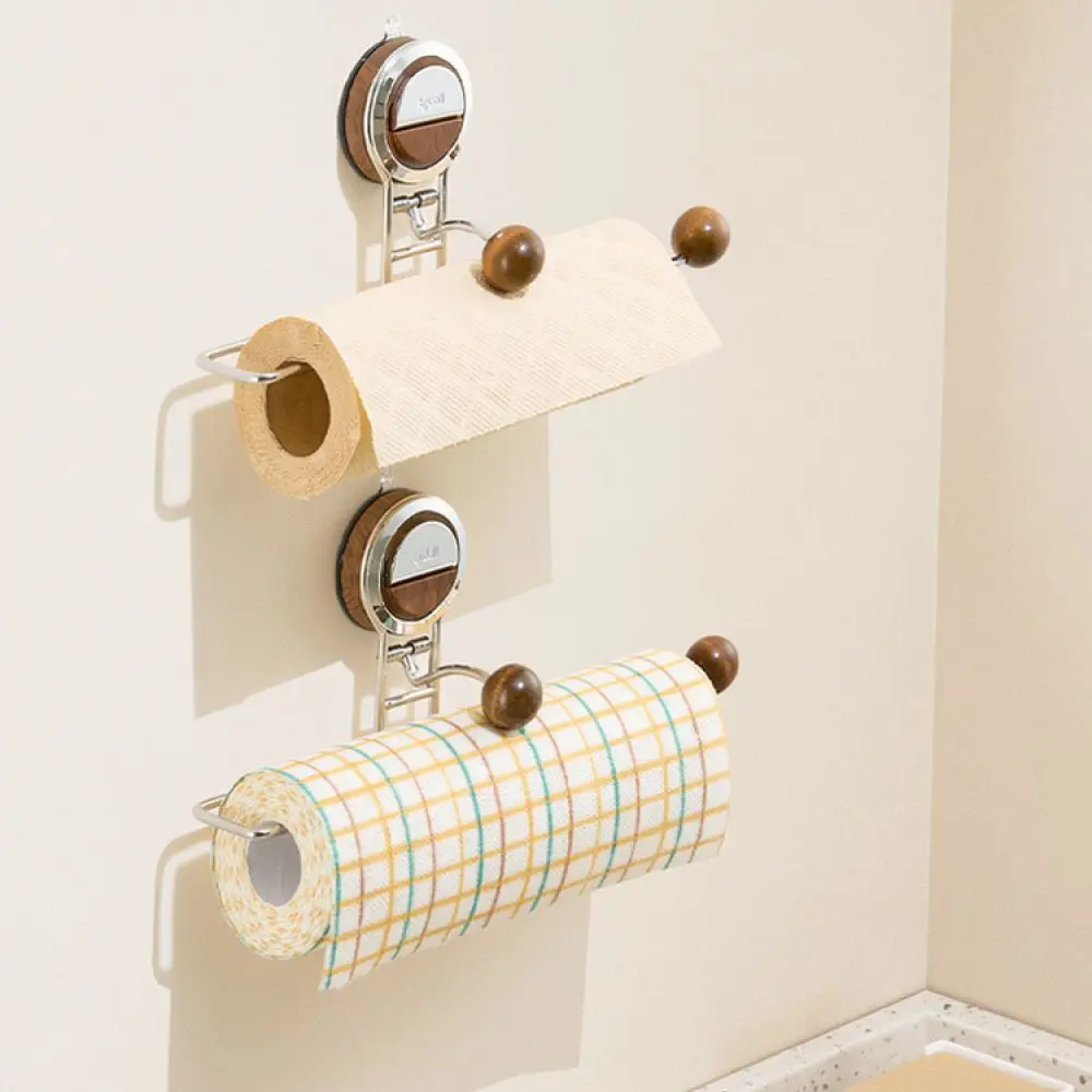 Suction Cup Paper Towel Holder Wooden Kitchen Roll Stand Wall Mount Dispenser Rack No Drill Home Organization Shelf