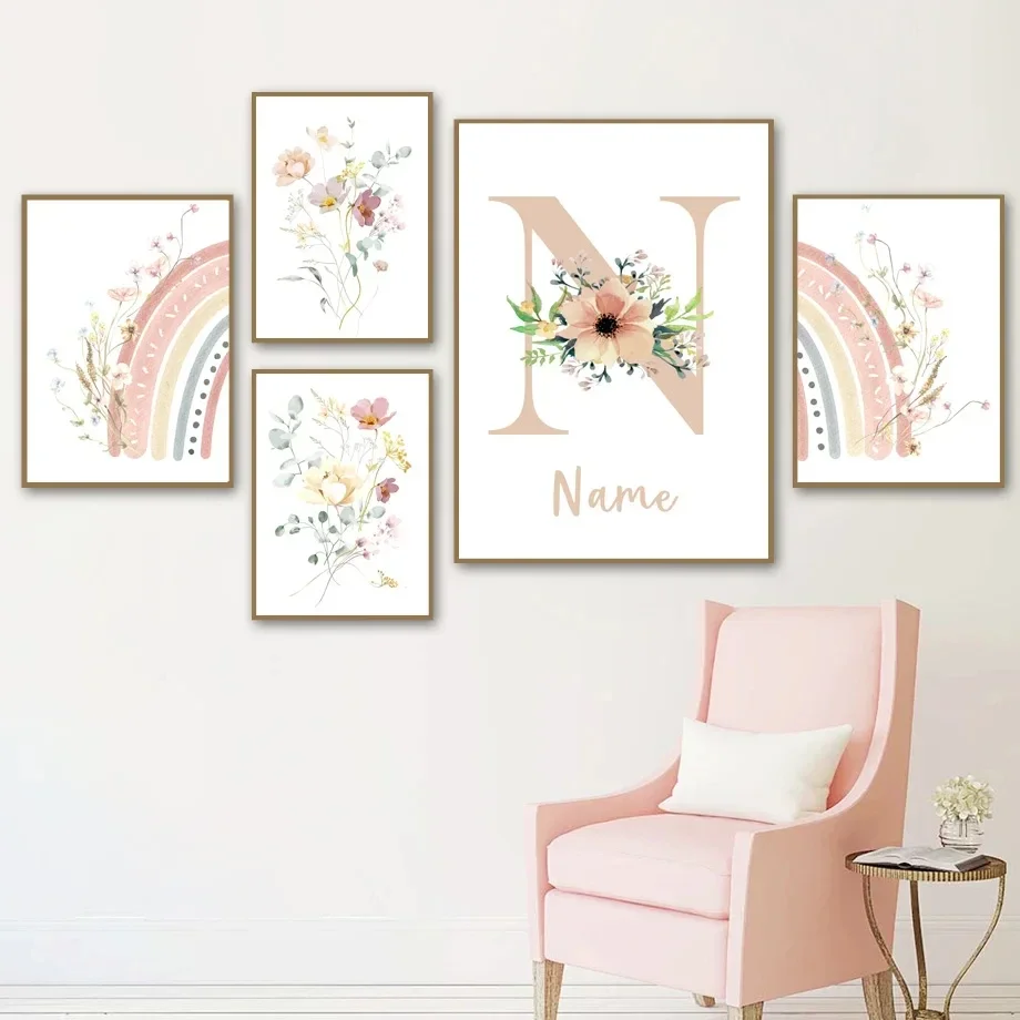

Abstract Custom Name Flower Boho Pink Rainbow Wall ArtPosters Canvas Painting And Prints Wall Pictures Girl Kids Room Decor
