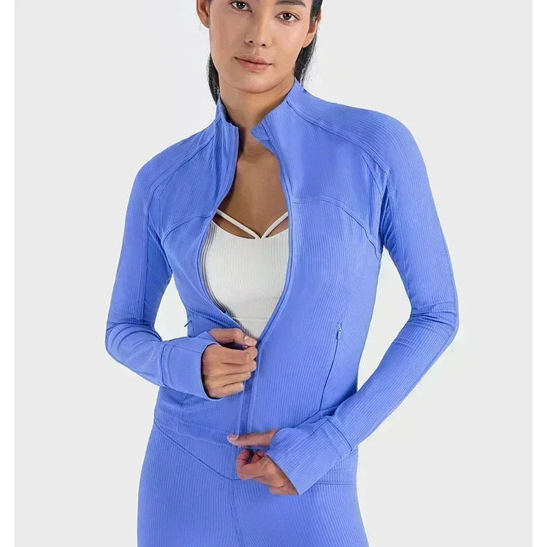 Lemon Women Ribbed Cropped Defines Stand Neck Sports Jacket Utdoor Lightweight Breathable High Elastic Fitness Yoga Coat