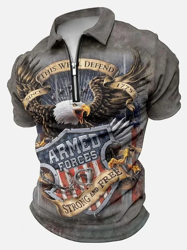 Men’s Eagle Patriotic Flag Armed Forces Pattern America Flag Casual Polo Collar Polo Shirt Zip Up Polo Shirt