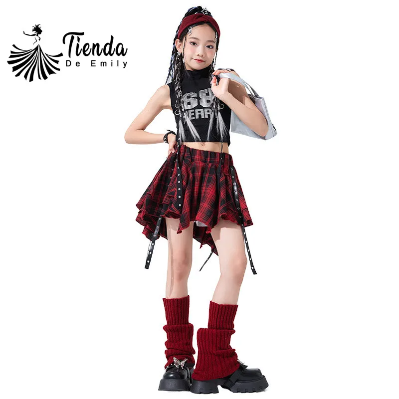 

Hip Pop Outfits for Girls Top Skirt Set Letter Print Shirt Jazz Dance Modern Dancing Clothes Red Plaid Checkered Culottes 3Y-14Y