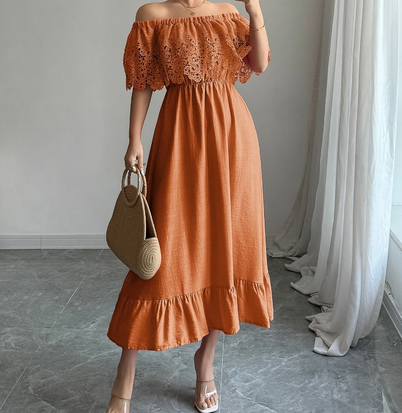 

Elegant temperament, off shoulder A-line long dress, summer women's solid color, one collar, hollowed out flower A-line dress