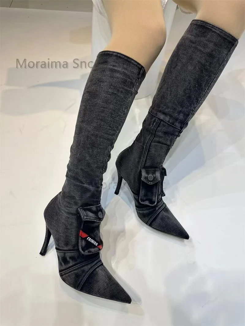 Denim Pocket Knee High Boots for Women Pointy Toe Stiletto Heels Retro Long Boots Zipper Slim Autumn Winter Runway Casual Shoes